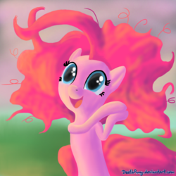 Size: 1000x1000 | Tagged: safe, artist:deathpwny, pinkie pie, earth pony, pony, g4, bipedal, female, happy, hooves together, mare, messy mane, smiling, solo