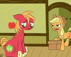 Size: 1250x1000 | Tagged: safe, artist:terra-aquis, applejack, big macintosh, earth pony, pony, g4, box, caught, female, implied porn, male, mare, porn stash, sitting, stallion