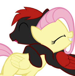 Size: 1900x1916 | Tagged: safe, artist:fluffy-pone, fluttershy, oc, unnamed oc, pegasus, pony, g4, canon x oc, eyes closed, female, hug, male, mare, pegasus oc, simple background, smiling, stallion, straight, transparent background, wings