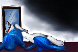 Size: 3000x2000 | Tagged: safe, artist:lilfaux, dj pon-3, vinyl scratch, pony, unicorn, g4, female, high res, mare, mirror, on side, rear view, red eyes, solo, wrong eye color