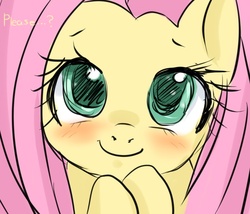 Size: 700x600 | Tagged: source needed, safe, artist:tinkl3puff, fluttershy, pegasus, pony, g4, blushing, bust, close-up, cute, dialogue, female, looking at you, mare, shyabetes, smiling, solo