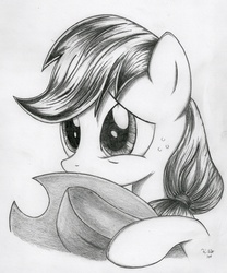 Size: 2237x2692 | Tagged: safe, artist:ayzuki, applejack, earth pony, pony, g4, bust, female, frown, grayscale, high res, mare, monochrome, portrait, solo, traditional art