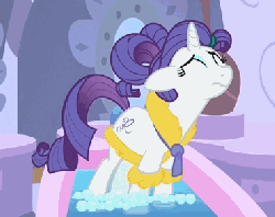 Size: 370x294 | Tagged: safe, screencap, rarity, pony, unicorn, g4, green isn't your color, season 1, animated, bathrobe, blinking, clothes, female, floppy ears, frown, gif, gritted teeth, mare, marshmelodrama, pouting, rarity being rarity, robe, sad, solo, spa