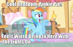 Size: 1097x710 | Tagged: safe, edit, edited screencap, screencap, rainbow dash, pegasus, pony, g4, party of one, bed, bedroom, blue body, blue coat, blue fur, blue pony, blue wings, caption, female, implied lesbian, implied pinkiedash, implied shipping, magenta eyes, mare, multicolored hair, multicolored mane, multicolored tail, rainbow hair, rainbow tail, rearing, solo, spread wings, tail, text, wings