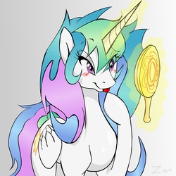 Size: 2500x2500 | Tagged: dead source, safe, artist:zev, princess celestia, alicorn, pony, g4, :p, bedroom eyes, blushing, cute, cutelestia, eye clipping through hair, female, gradient background, hand mirror, high res, magic, mare, messy mane, mirror, missing accessory, pretty, raised hoof, smiling, solo, telekinesis, tongue out