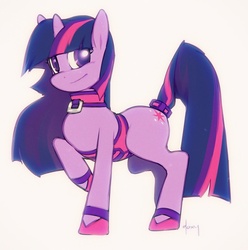 Size: 1200x1208 | Tagged: safe, artist:doxy, twilight sparkle, pony, unicorn, clothes, collar, colored pupils, corset, female, looking at you, mare, raised hoof, shoes, simple background, smiling, solo, tail wrap, tailcuff, white background
