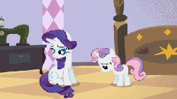 Size: 400x224 | Tagged: safe, edit, edited screencap, screencap, rarity, sweetie belle, pony, unicorn, g4, season 2, sisterhooves social, angry, animated, belle sisters, carousel boutique, duo, duo female, female, filly, gif, mare, reaction image, siblings, sisters