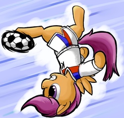 Size: 2100x2000 | Tagged: safe, artist:osakaoji, scootaloo, semi-anthro, ask dangerloo, g4, abstract background, ball, bicycle kick, clothes, dangerloo, female, filly, foal, football, high res, smiling, solo, upside down