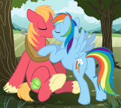 Size: 638x569 | Tagged: safe, artist:brianblackberry, big macintosh, rainbow dash, earth pony, pegasus, pony, g4, duo, female, kiss on the lips, kissing, leaning, male, mare, ship:rainbowmac, shipping, sitting, stallion, straight, tree