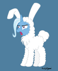 Size: 1368x1693 | Tagged: safe, artist:kyojiogami, trixie, pony, unicorn, g4, bunny costume, clothes, female, mare, simple background, solo, yelling