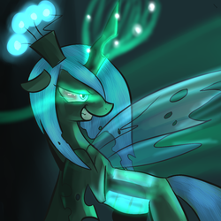 Size: 1000x1000 | Tagged: safe, artist:spanish-scoot, queen chrysalis, changeling, changeling queen, g4, crown, female, frown, glowing, glowing eyes, glowing horn, horn, jewelry, looking back, magic, raised hoof, regalia, smiling, solo, standing