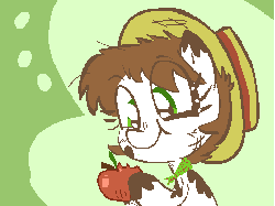 Size: 480x360 | Tagged: dead source, safe, artist:tess, oc, oc only, earth pony, pony, :t, animated, apple, blinking, bust, chewing, dirty, eating, female, food, gif, hat, herbivore, hobo pony, looking at something, mare, smiling, solo