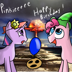 Size: 1000x1000 | Tagged: safe, artist:archimedesogle, pinkie pie, twilight sparkle, earth pony, pony, unicorn, g4, duo, duo female, explosion, female, filmcow, hat, llamas with hats, mare, nuclear explosion