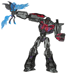 Size: 551x593 | Tagged: artist needed, safe, nightmare moon, alicorn, pony, g4, duo, female, holding a pony, mare, megatron, simple background, transformers, transparent background