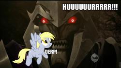 Size: 960x540 | Tagged: safe, derpy hooves, pegasus, pony, g4, crossover, derp, duo, female, hub logo, mare, megatron, roflbot, transformers