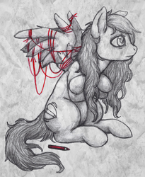 Size: 646x788 | Tagged: safe, artist:aisu-isme, oc, oc only, oc:artbeat, pegasus, pony, creepy ponies, crossed hooves, female, grayscale, mare, monochrome, partial color, pencil, sitting, solo, spread wings, string, tangled up