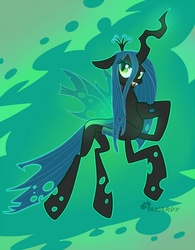 Size: 550x705 | Tagged: source needed, safe, artist:seagerdy, queen chrysalis, changeling, changeling queen, g4, abstract background, female, raised hoof, solo
