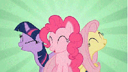 Size: 430x242 | Tagged: safe, screencap, fluttershy, pinkie pie, twilight sparkle, earth pony, pegasus, pony, unicorn, g4, party of one, abstract background, animated, cute, dancing, diapinkes, female, gif, hub logo, mare, shyabetes, singing, trio, twiabetes