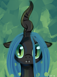 Size: 900x1195 | Tagged: source needed, safe, artist:tggeko, queen chrysalis, changeling, changeling queen, nymph, g4, abstract background, female, looking at you, solo