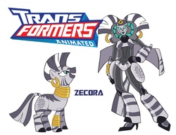 Size: 3300x2550 | Tagged: safe, artist:inspectornills, zecora, robot, zebra, g4, crossover, female, high res, simple background, transformares, transformerfied, transformers, transformers animated, white background