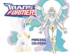 Size: 900x695 | Tagged: safe, artist:inspectornills, princess celestia, alicorn, pony, robot, crossover, female, self paradox, simple background, transformares, transformerfied, transformers, transformers animated, white background