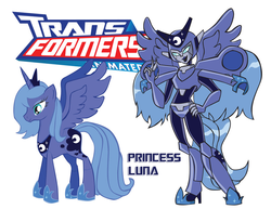 Size: 900x695 | Tagged: safe, artist:inspectornills, princess luna, alicorn, pony, robot, crossover, female, height difference, mare, princess lunabot, s1 luna, simple background, transformares, transformerfied, transformers, transformers animated, white background