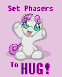 Size: 791x975 | Tagged: safe, artist:melle-d, sweetie belle, pony, robot, robot pony, unicorn, female, filly, foal, hooves, horn, hug request, looking at you, open mouth, set phasers to hug, simple background, sitting, solo, sweetie bot