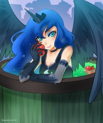 Size: 900x1080 | Tagged: safe, artist:racoonsan, princess luna, human, g4, luna eclipsed, apple, choker, cleavage, clothes, cute, female, gloves, horn, horned humanization, humanized, lunabetes, nightmare night, scene interpretation, solo, winged humanization