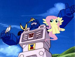 Size: 1201x911 | Tagged: safe, fluttershy, pegasus, pony, g4, beachcomber (transformers), duo, female, mare, transformers