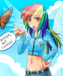 Size: 700x840 | Tagged: safe, artist:racoonsan, rainbow dash, butterfly, human, g4, may the best pet win, belly button, clothes, cropped, delicious flat chest, female, humanized, midriff, rainbow flat, scene interpretation, short shirt, skinny, solo, sweater, thin, winged humanization