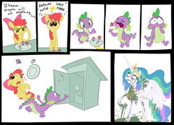 Size: 1250x900 | Tagged: safe, artist:fxcellent, apple bloom, princess celestia, spike, alicorn, dragon, earth pony, pony, g4, comic, cooking, cupcake, eating, female, filly, frown, male, mare, outhouse, toilet paper, vomit