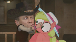 Size: 1080x610 | Tagged: safe, screencap, earth pony, human, pony, cowboys and equestrians, daniel craig, female, kissing, mad (tv series), mad magazine, maplejack, mare, pony reference