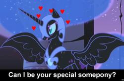 Size: 1024x671 | Tagged: safe, edit, edited screencap, screencap, nightmare moon, alicorn, pony, friendship is magic, g4, bronybait, caption, cs captions, female, heart, love, mare, solo, special somepony, spread wings, text, wings