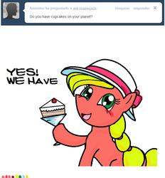 Size: 505x544 | Tagged: safe, artist:claireannecarr, earth pony, pony, ask maplejack, cake, cowboys and equestrians, cup, cupcake, female, food, glass, mad (tv series), mad magazine, maplejack, mare, pun, simple background, sitting, solo, tumblr, white background