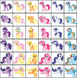 Size: 1000x1003 | Tagged: safe, artist:blueshift, applejack, fluttershy, pinkie pie, rainbow dash, rarity, twilight sparkle, earth pony, pegasus, pony, unicorn, g4, alternate hairstyle, artifact, cardboard twilight, chart, combinations, earth pony fluttershy, earth pony rainbow dash, earth pony rarity, earth pony twilight, female, flapplejack, mane six, pegasus pinkie pie, pegasus rarity, pegasus twilight sparkle, permutations, race swap, recolor, simple background, stock vector, unicorn applejack, unicorn fluttershy, unicorn pinkie pie, unicorn rainbow dash, unicorn twilight, white background