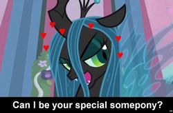 Size: 1024x671 | Tagged: safe, edit, edited screencap, screencap, queen chrysalis, changeling, changeling queen, g4, bedroom eyes, bronybait, caption, cs captions, fangs, female, heart, implied, love, solo, special somepony, text