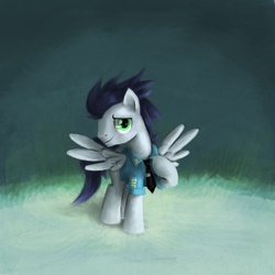 Size: 600x600 | Tagged: safe, artist:xx-mr-no-name-xx, soarin', pegasus, pony, g4, clothes, male, raised hoof, solo, spread wings, stallion, wings, wonderbolts dress uniform