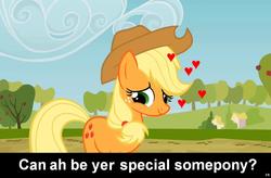 Size: 1024x671 | Tagged: safe, applejack, earth pony, pony, g4, bronybait, caption, cs captions, cute, female, funetik aksent, heart, implied, jackabetes, love, mare, solo, special somepony, text