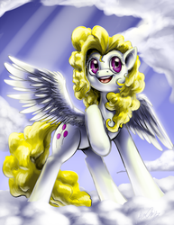 Size: 800x1035 | Tagged: safe, artist:aphexangel, surprise, pegasus, pony, g1, g4, cloud, crepuscular rays, female, g1 to g4, generation leap, mare, raised hoof, smiling, solo, spread wings, wings