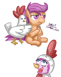 Size: 669x850 | Tagged: safe, artist:php13, pinkie pie, scootaloo, chicken, earth pony, pegasus, pony, g4, animal costume, chicken pie, chicken suit, clothes, costume, female, filly, mare, scootachicken, scootaloo is not amused, simple background, sitting, unamused, white background