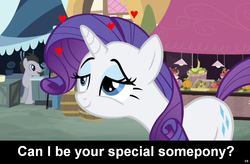 Size: 1024x672 | Tagged: safe, rarity, earth pony, pony, unicorn, g4, bedroom eyes, bronybait, caption, cs captions, female, heart, implied, love, male, mare, solo focus, special somepony, stallion, text