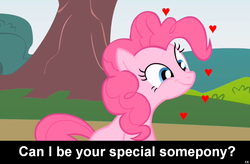 Size: 1024x670 | Tagged: safe, pinkie pie, earth pony, pony, g4, bronybait, cs captions, cute, female, heart, implied, love, mare, sitting, smiling, solo, special somepony, text