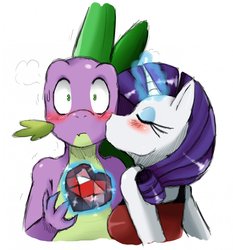 Size: 1193x1280 | Tagged: safe, artist:ss2sonic, rarity, spike, dragon, unicorn, anthro, g4, age difference, blushing, cheek kiss, female, fire ruby, interspecies, kissing, male, mare, older, older spike, ship:sparity, shipping, simple background, spikelove, straight, surprise kiss, teenage spike, teenaged dragon, teenager, white background