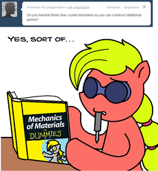 Size: 663x717 | Tagged: safe, artist:claireannecarr, earth pony, pony, ask maplejack, ask, book, cowboys and equestrians, female, for dummies, goggles, mad (tv series), mad magazine, maplejack, mare, mouth hold, simple background, solo, starcraft, tumblr, white background