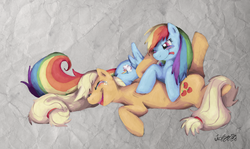 Size: 900x536 | Tagged: safe, artist:malicieuxx, applejack, rainbow dash, earth pony, pegasus, pony, g4, blushing, duo, female, lesbian, lying down, mare, ship:appledash, shipping, tickling