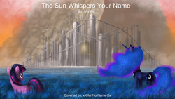 Size: 1920x1080 | Tagged: safe, artist:xx-mr-no-name-xx, princess luna, twilight sparkle, alicorn, pony, unicorn, fanfic:the sun whispers your name, g4, city, cover, duo, duo female, fanfic, female, grass, mare, mountain, wallpaper