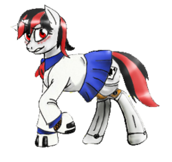 Size: 271x256 | Tagged: safe, artist:mistermech, oc, oc only, oc:blackjack, cyborg, pony, unicorn, fallout equestria, fallout equestria: project horizons, amputee, blushing, clothes, cybernetic legs, female, horn, level 1 (project horizons), looking back, mare, prosthetic leg, prosthetic limb, prosthetics, raised hoof, school uniform, simple background, skirt, small horn, solo, transparent background