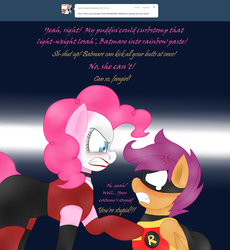 Size: 1487x1615 | Tagged: safe, artist:blackbewhite2k7, pinkie pie, scootaloo, earth pony, pegasus, pony, g4, angry, ask, batman, cosplay, costume, dc comics, fangirl, female, filly, gritted teeth, harley quinn, mare, pinkie quinn, robin, robinloo