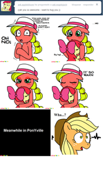 Size: 501x841 | Tagged: safe, artist:claireannecarr, apple bloom, applejack, earth pony, pony, ask maplejack, g4, ask, cowboys and equestrians, female, filly, hug, mad (tv series), mad magazine, maplejack, mare, tumblr