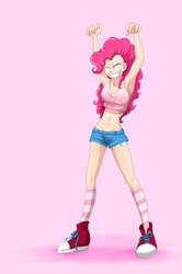 Size: 1835x2761 | Tagged: dead source, safe, artist:seismopac, pinkie pie, human, g4, 2010s, 2012, armpits, belly button, clothes, converse, crazy face, denim shorts, faic, female, humanized, midriff, pink background, pink hair, shoes, shorts, simple background, skinny, sneakers, socks, solo, tank top, thin